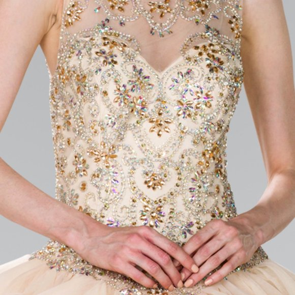 NEW FLOOR LENGTH SLEEVELESS TULLE BALL GOWN EMBROIDERED WITH RHINESTONES GL2378 - Picture 6 of 12